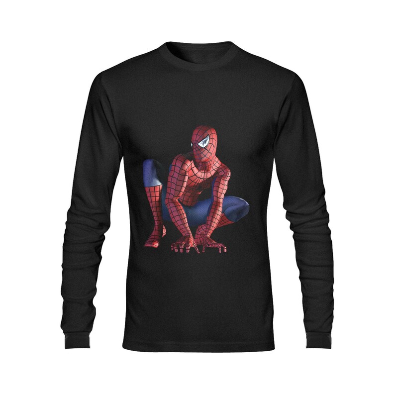 May include: Black long-sleeve t-shirt with a red and blue Spiderman graphic. The superhero is crouched in a fighting pose.