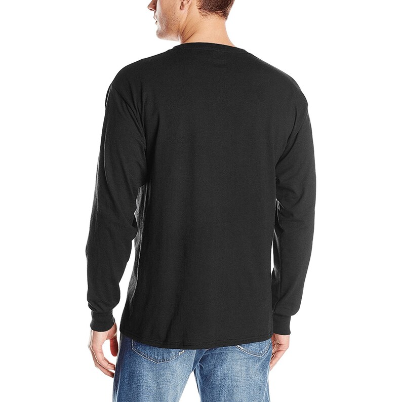 May include: A black long-sleeved t-shirt with a crew neck.