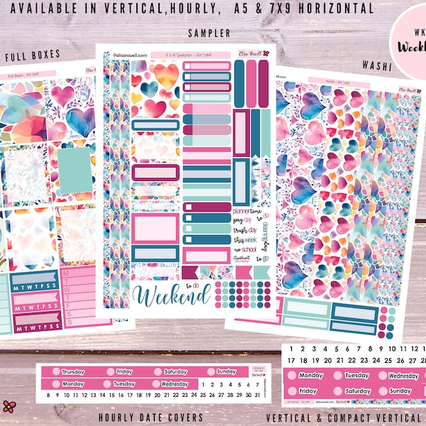 Weekly Planner Stickers Kit for Erin Condren Vertical Horizontal Hourly A5 and 7x9 Life Planners with Watercolor Hearts, Kit 149