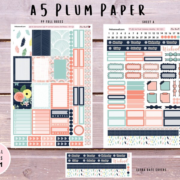 Boho Feathers Planner Stickers Kit for A5 Plum Paper Weekly Kit, Kit 121