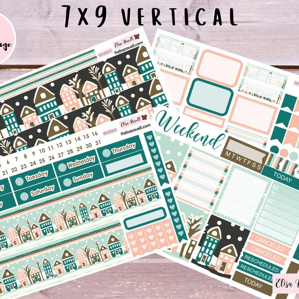 Snow Village, Vertical Planner Stickers, Weekly Spread, Weekly Kit, 7x9 Vertical, Winter, Kit 36