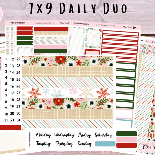 7x9 Daily Duo Stickers, Christmas Planner Stickers, Christmas Daily Duo, Kraft Christmas Flowers, Date Covers, Old and New Version, Kit 23