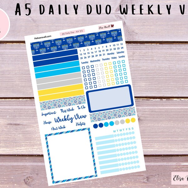A5 Daily Duo Weekly View, A5 Week at a Glance, Daily Duo Weekly View, Hanukkah, A5 Erin Condren, Kit 33