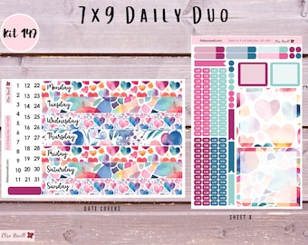 7x9 Daily Duo Sticker Kits for Erin Condren Life Planners with Watercolor Hearts, Kit 149