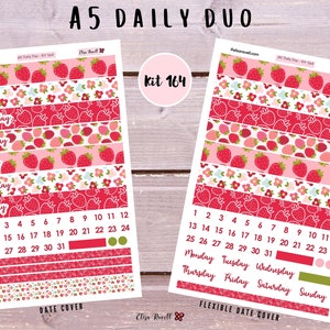 A5 Daily Duo Planner Sticker Kits featuring Strawberries and Flowers, Kit 164