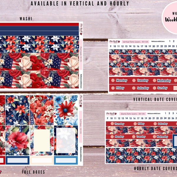 Weekly Planner Stickers Kit for Erin Condren Vertical and Hourly 7x9 Life Planners with Patriotic Watercolor, Kit 171