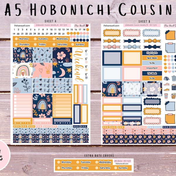 Hobonichi Cousin Weekly Sticker Kits, A5 Cousin Avec August Boho Rainbow Stickers, Kit 125