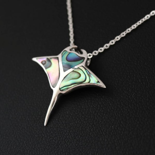 925 Sterling Silver Manta Ray Necklace, Pearl & Abalone Pendant, Ocean Animal Charm, Manta Ray Charm, Manta Ray Jewelry, Ocean-Inspired Gift