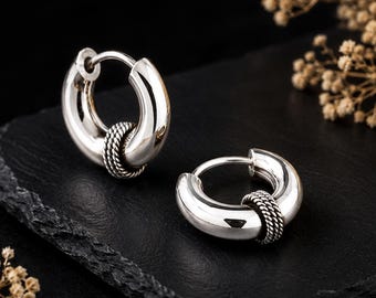 925 Sterling Silver Bali Hoop Earrings, Chunky Rope Detail Huggie Hoops, Vintage Tribal Silver Earrings, Unisex Jewelry Gift | Bohemian
