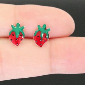 925 Sterling Silver Strawberry Stud Earrings, Dainty Fruit Earrings, Cute Berry Jewelry, Minimalist Gift for Her or Child, Kid Earrings