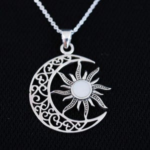 925 Sterling Silver Sun and Moon Necklace – Celestial Pendant with Abalone Crescent Moon and Turquoise Charm | Pearl Charm Pendant | Gift