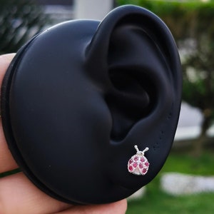 Może przedstawiać: Srebrny kolczyk w kształcie biedronki z czerwonymi i przezroczystymi kamieniami cyrkonowymi.