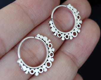 Sterling Silver Floral Hoop Earrings, Filigree Floral Hoop Earrings, Vintage Hoop, Scrolling Hoops, ethnic earrings, Bali Hoops Earring