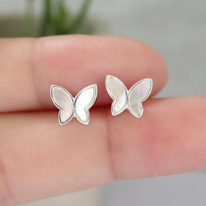 Tiny White Butterfly Stud Earrings in Sterling Silver, Mother of Pearl, Minimalist Everyday Jewelry, Cute Gift for Women & Girls, Enamel