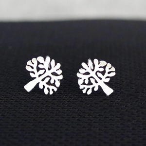 May include: A pair of silver tree-shaped stud earrings. The earrings are small and delicate, and they would make a great gift for someone who loves nature.
