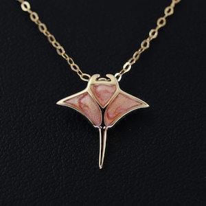Gold Plated Sterling Silver Manta Ray Necklace, Ocean Animal Pendant, Enamel Inlay Jewelry, Sea Life Gift for Her, Manta Ray Pendant