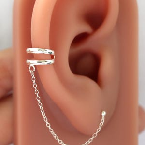 925 Sterling silver ear cuff chain, Bali Chain cuff earrings, Stud earrings with chain, Double Band Ear Cuff with Dangle Chain, Cartilage