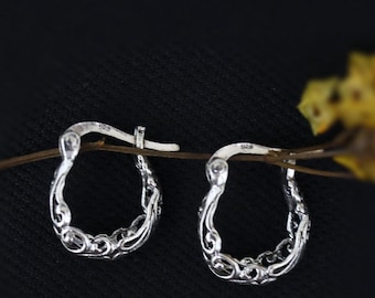 925 Sterling Silver Floral Hoop Earrings, Filigree Floral Hoop Earrings, Vintage Hoop, Scrolling Hoops, Hoop Earrings, Heart Sharp Earrings