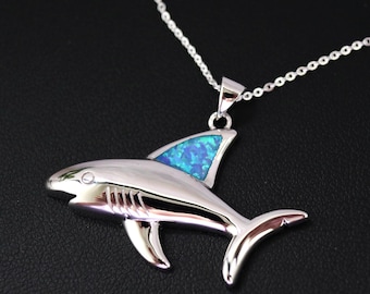 925 Sterling Silver Shark Necklace – Opal Inlay Shark Charm, Ocean Lover Gift, Scuba Diver Jewelry, Son or Daughter Gift