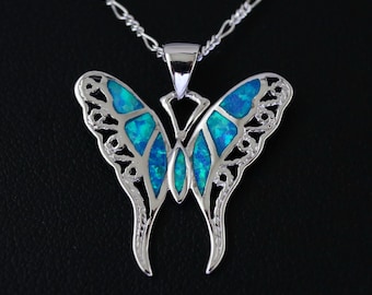 Collar con colgante de mariposa de ópalo en plata de ley 925, collar de ópalo, dije de mariposa, regalo de mariposa, regalo para ella, joyería de ópalo azul