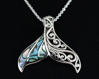 Sterling Silver Abalone Whale Tail Pendant, Ocean-Inspired Necklace, Abalone Shell Pendant, Nautical Gift for Women and Men, Beach Lover