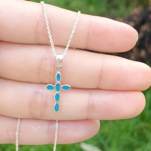 Sterlingzilveren kruishanger, turquoise kruishanger, parelhanger, religieuze ketting, abalone kruishanger, cadeau voor hem, klein kruis
