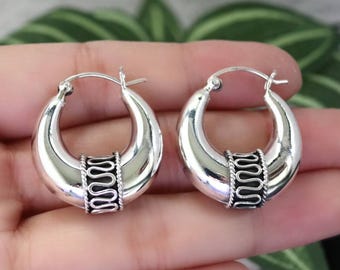 925 Sterling Silver Bali Hoop Earrings, Vintage Hoop, Hoop Earrings, 9 mm thick, 22 mm Hoops, Silver Hoop Earrings, Tribal Hoops, Boho hoops