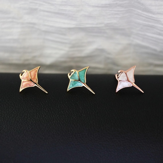 Gold Plated 925 Sterling Silver Manta Ray Earrings, Ocean Animal Earrings, Enamel Inlay Jewelry, Sea Life Gift for Her, Manta Ray Earrings