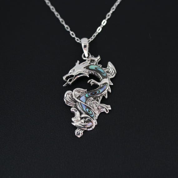 925 Sterling Silver Dragon Pendant Necklace with Abalone or Mother of Pearl | Dragon Pendant | Dragon Necklace | Gothic Style | Animal Gift