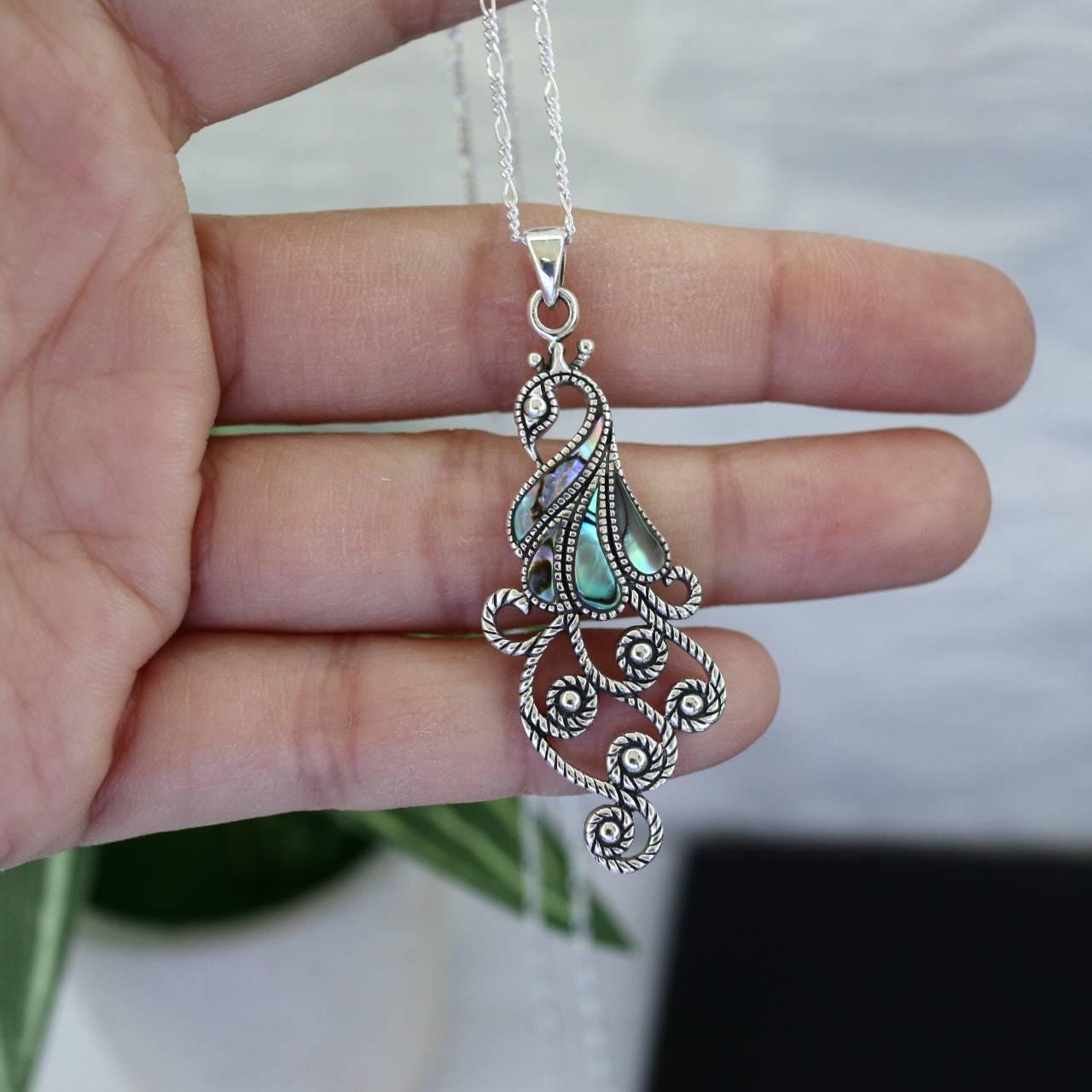 Handmade Peacock Style Natural Abalone Shell Pendant – Silver Base, Multicolor, 3 Inches