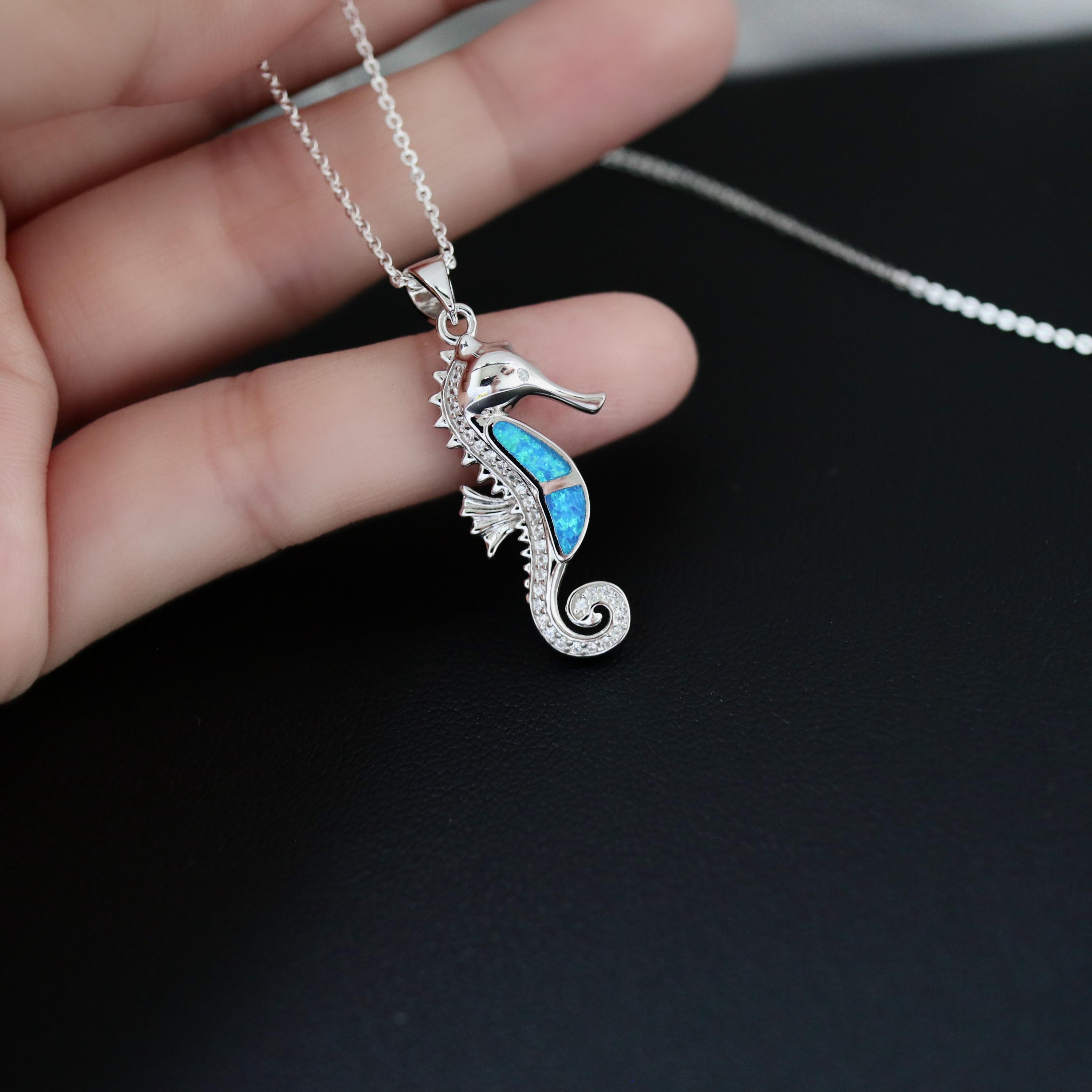 Collar De Caballito De Mar De ópalo Blanco, Colgante De Caballito De Mar De Plata De