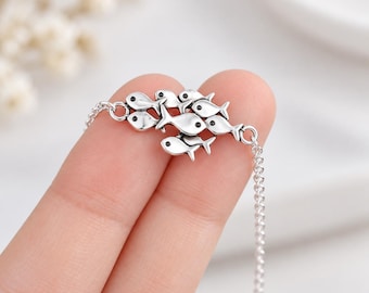 925 Sterling Silver Bracelet with Fish Charm, Silver Bracelet, Plain Bracelet, Figaro Bracelet, Fish Bracelet, Charm Bracelet, Fish Gift