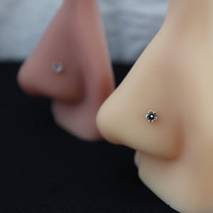 May include: Close-up of two noses, one with a small, silver flower nose stud and the other with a clear, round nose stud. The flower stud has black detailing. The background is blurred, with a black surface.