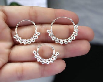 925 Sterling Silver Bali Hoop Earrings | Boho Beaded Hoop Earrings | Tribal Bali Earrings | Minimalist Silver Hoops | Everyday Jewelry |