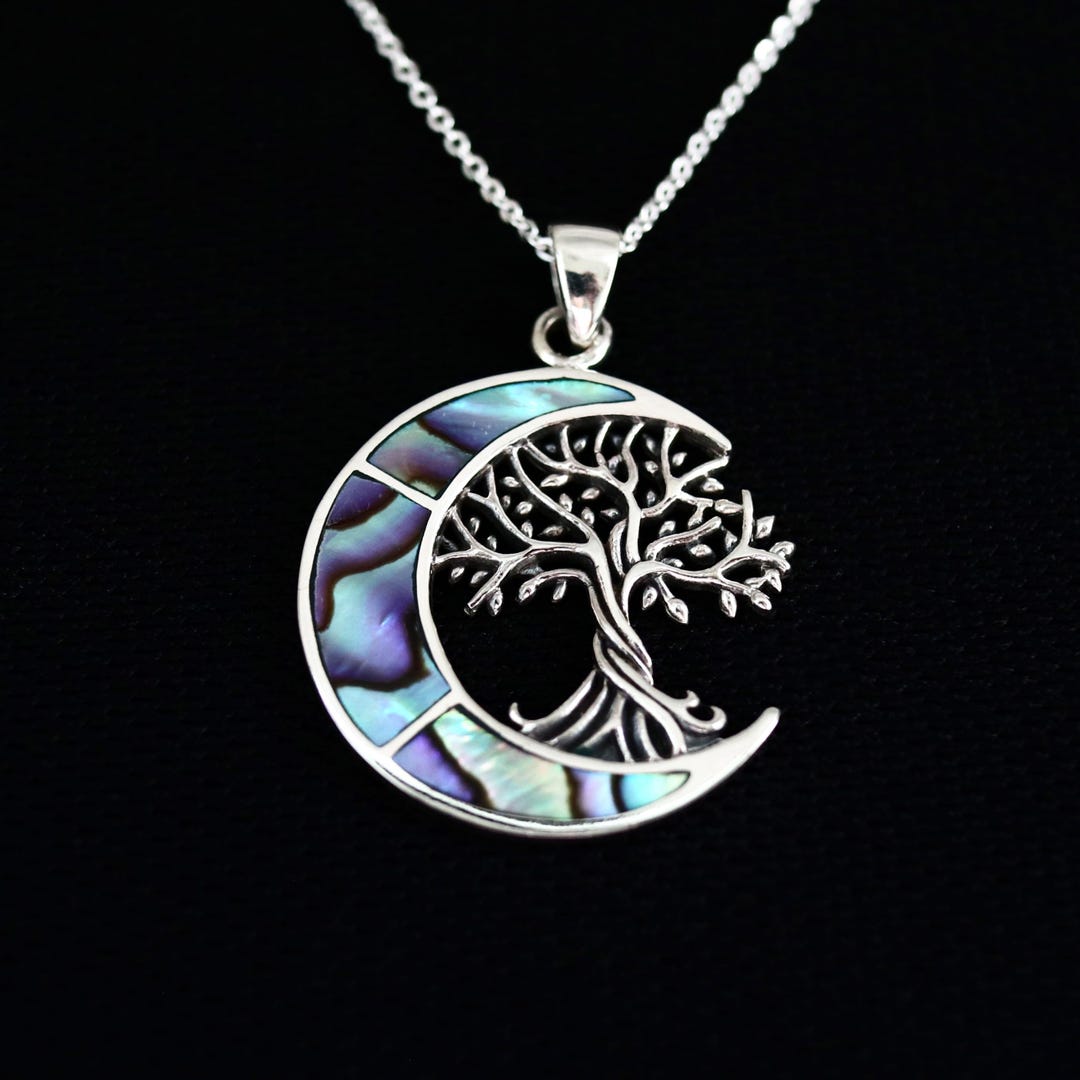 925 Sterling Silver Crescent Moon & Tree of Life Necklace | Abalone ...