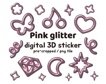 cyfrowa naklejka 3D z różowym brokatem, wstępnie wycięte naklejki, naklejki dekoracyjne Goodnote Planner, minimalistyczne dekoracje png