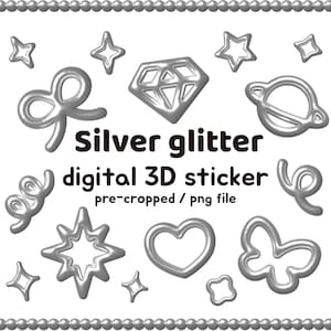 Puede incluir: Colección de pegatinas digitales 3D plateadas con purpurina en varias formas, incluyendo estrellas, diamantes, corazones, lazos y mariposas. Las pegatinas están precortadas y disponibles como archivo PNG. Se muestra el texto "Silver glitter digital 3D sticker".