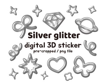 Srebrny brokat 3D cyfrowa naklejka, wstępnie wycięte naklejki, naklejki dekoracyjne do planera goodnote, minimalistyczne naklejki dekoracyjne png