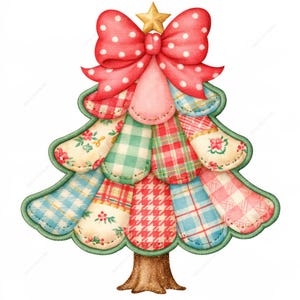 15 images clipart vintage de sapins de Noël patchwork au format JPG, sapins de Noël matelassés fantaisistes à télécharger, imprimables pour les fêtes sur le thème cottagecore