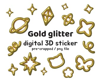 Złota brokatowa naklejka cyfrowa 3D, wstępnie wycięte naklejki, naklejki dekoracyjne do planera goodnote, minimalistyczne naklejki dekoracyjne png