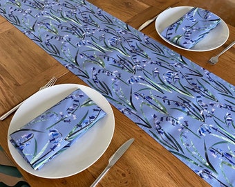 Bluebell Table Runner and Napkins / Spring Table Decoration, 192 x 32cm, Cotton, Handmade in the UK - Blue / Spring Floral