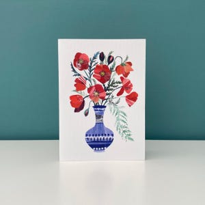 Poppies in a Vase Greeting Card / Summer Floral Card - handmade in England, blank inside, white envelope included.
