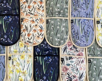 Floral Double Oven Gloves / Oven Mitts, Snowdrop, Bluebell, Daffodil, Roses and Coneflower.