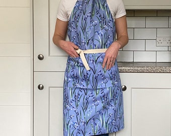Bluebells Apron / Spring Flowers Apron / Easter Pinny - cotton apron with two pockets and adjustable neck strap - Light Blue Bluebells.