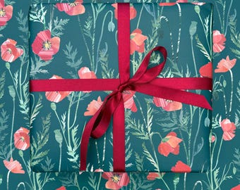 Cadeaupapier klaproos / Inpakpapier - Zomerbloemen rode klaprozen recyclebaar inpakpapier, perfect voor verjaardagen en bruiloften, gemaakt in het Verenigd Koninkrijk