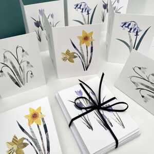 Biglietti di auguri con fiori primaverili / confezione da 8 graziosi mini biglietti artistici raffiguranti narcisi, bucaneve, giacinti e crochi, perfetti per biglietti di ringraziamento.