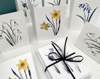Biglietti di auguri con fiori primaverili / confezione da 8 graziosi mini biglietti artistici raffiguranti narcisi, bucaneve, giacinti e crochi, perfetti per biglietti di ringraziamento.