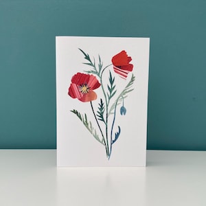 Carte de voeux coquelicot / carte florale d'été - faite main en Angleterre, vierge à l'intérieur, enveloppe blanche incluse.