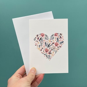 Florale Herz Grußkarte / Valentinstag / Hochzeitskarte / Verlobungskarte / Jubiläumskarte, rosa und grünes Herz.