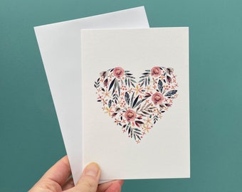 Carte de voeux coeur floral / carte de Saint-Valentin / carte de mariage / carte de fiançailles / carte d'anniversaire, coeur rose et vert.